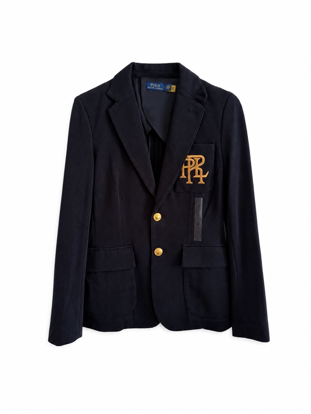 Women’s Polo Ralph Lauren Monogram Knit Blazer Navy Blue Size 2 Gold Buttons